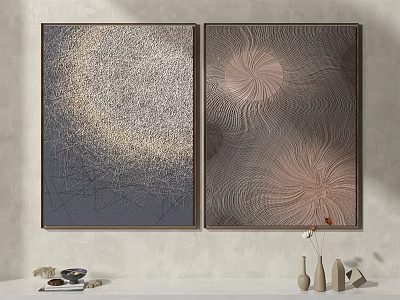 Two Abstract Decorative Paintings On Wall With Modern Table And Decor Items 3d model