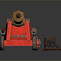 Antique Brass Cannon On Red Wooden Carriage Vintage Military Weapon Artillery Piece