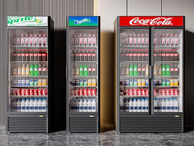 Multiple Upright Glass Door Beverage Refrigerators Stocked With Sprite And Coca-Cola Drinks 3d model