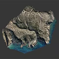 Detailed Mountainous Coastal Terrain With Rocky Elevations And Blue Surrounding Water