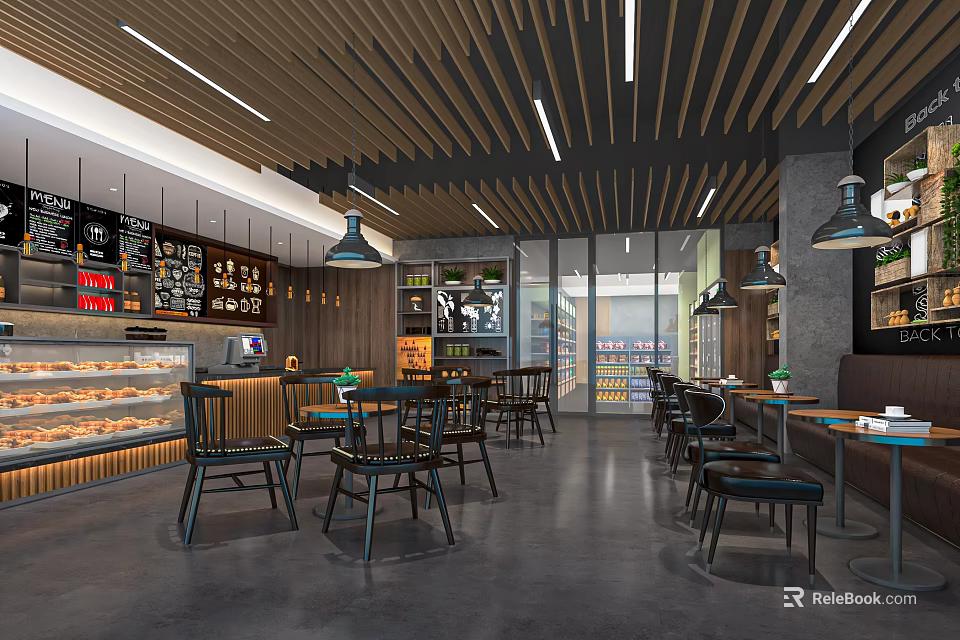 Modern Cafe Interior With Wooden Ceiling Pendant Lights Tables And Pastry 3d model 