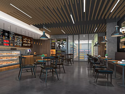 Modern Cafe Interior With Wooden Ceiling Pendant Lights Tables And Pastry 3d model