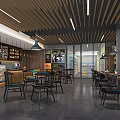 Modern Cafe Interior With Wooden Ceiling Pendant Lights Tables And Pastry