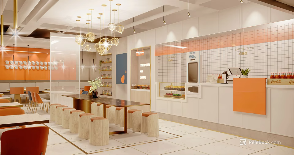 Modern Restaurant Interior Design With Dining Tables Pendant Lights And Stylish Counter 3d model 