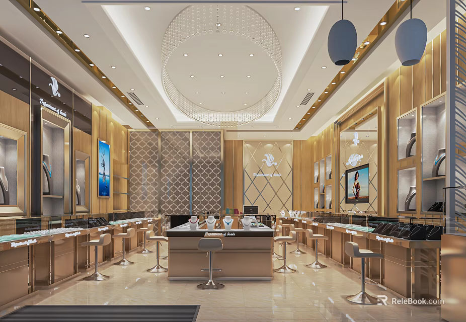 Luxury Jewelry Store Interior With Golden Display Cases Chandeliers And Mirrors 3d model 