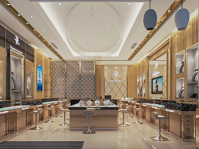 Luxury Jewelry Store Interior With Golden Display Cases Chandeliers And Mirrors 3d model