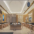 Luxury Jewelry Store Interior With Golden Display Cases Chandeliers And Mirrors