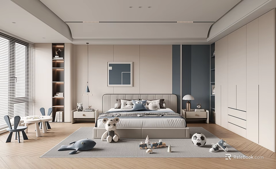 Modern Kids Room Interior With Bed Toys Rug Bookshelf Desk And Chair 3d model 