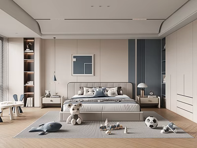 Modern Kids Room Interior With Bed Toys Rug Bookshelf Desk And Chair 3d model
