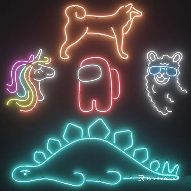 Neon Decorative Lights With Unicorn Among Us Character Llama Dog And Dinosaur Back Design 3d model 