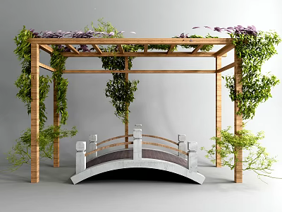 Wooden Pergola with Climbing Vines and Purple Flowers Over White Bridge 3d model