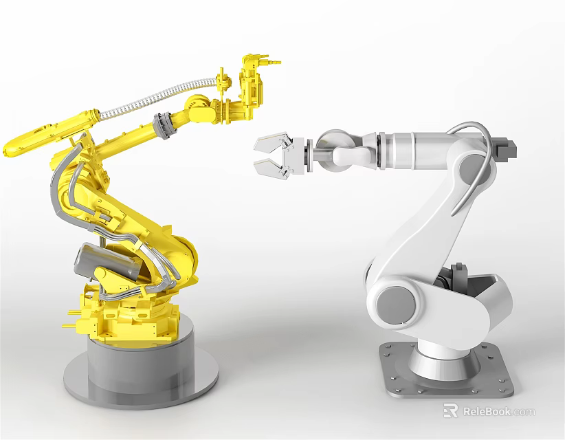 Smart Machines Featuring Yellow And White Industrial Robotic Arms Working Together 3d model 
