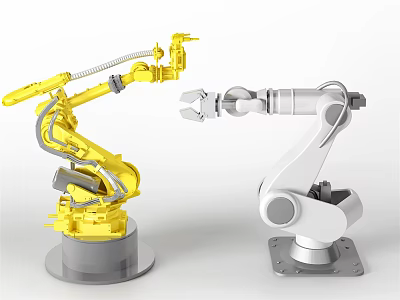 Smart Machines Featuring Yellow And White Industrial Robotic Arms Working Together 3d model