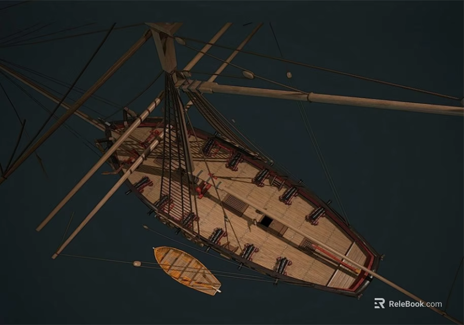 Classic Sailing Ship With Tall Masts Wooden Deck And Dinghy At Sea 3d model 