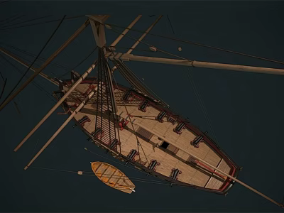 Classic Sailing Ship With Tall Masts Wooden Deck And Dinghy At Sea 3d model