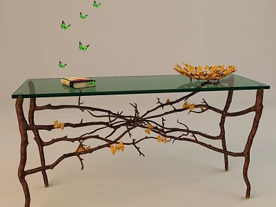 Console Table With Glass Top Branch Base Yellow Leaf Decorations Green Butterflies Book Flower Basket 3d model