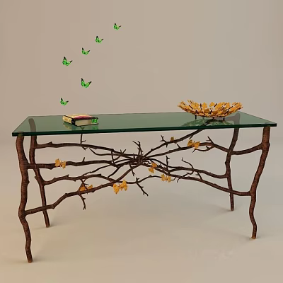 Console Table With Glass Top Branch Base Yellow Leaf Decorations Green Butterflies Book Flower Basket 3d model
