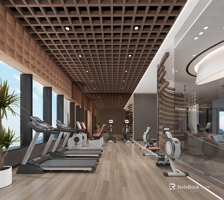 Gym Interior With Modern Fitness Equipment And Natural Light 3d model 