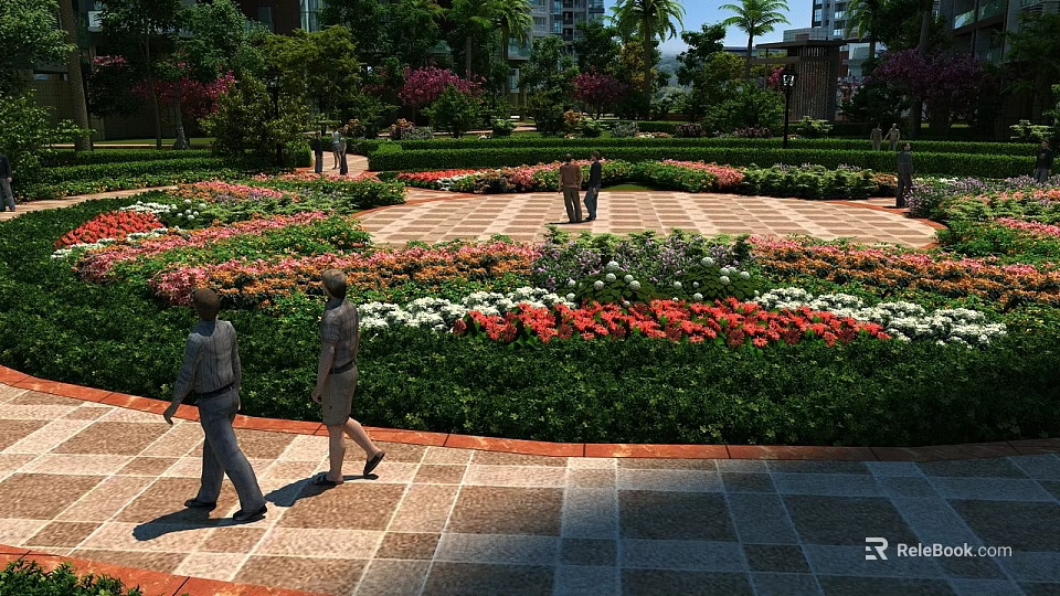 Vibrant Garden Landscape With Brick Pathway Colorful Flowers And Green Shrubs 3d model 