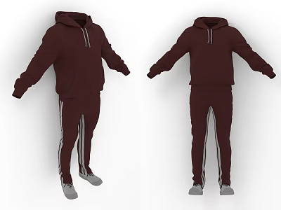 Fashionable Maroon Hooded Tracksuit Clothing With White Stripes Two Piece Design 3d model