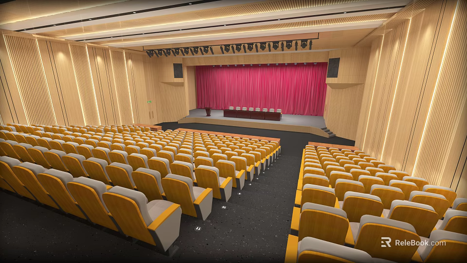 Large Conference Room With Yellow Seats Neatly Arranged Red Curtain And Wooden Walls 3d model 