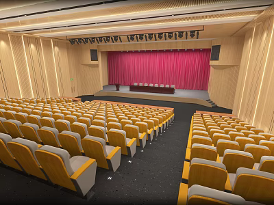 Large Conference Room With Yellow Seats Neatly Arranged Red Curtain And Wooden Walls 3d model