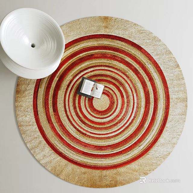 Red and Beige Round Carpet with Concentric Circle Patterns and Home Decor Accents 3d model 