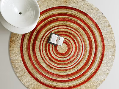 Red and Beige Round Carpet with Concentric Circle Patterns and Home Decor Accents 3d model