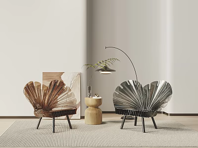 Brown and Silver Shell Shaped Chairs with Black Legs and Round Wooden Side Table 3d model