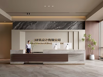 Elegant Modern Hotel Lobby Interior Featuring Reception Desk Marble Backdrop And Receptionist 3d model