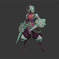 Armored Warrior In Red Purple Outfit With Mythical Creature Companion And Shield Dagger