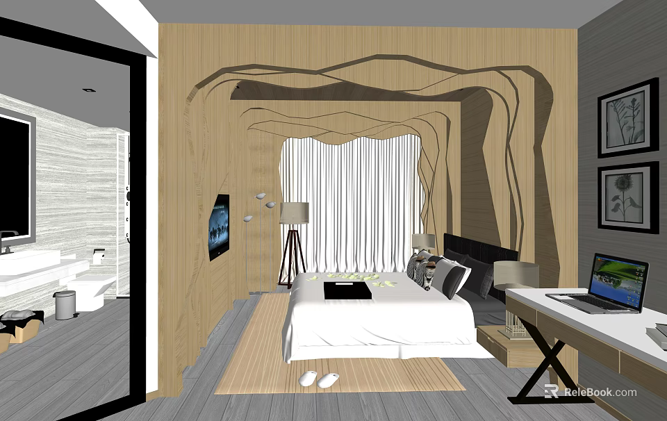 Modern Hotel Guest Room With Wooden Decorative Backdrop And Comfortable Bed 3d model 