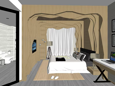 Modern Hotel Guest Room With Wooden Decorative Backdrop And Comfortable Bed 3d model