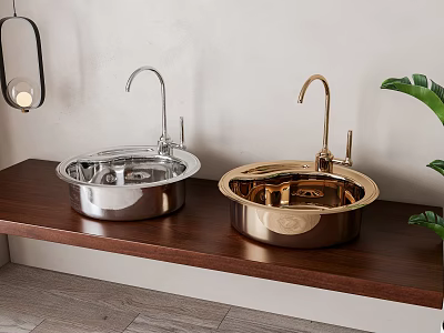 Kitchen Sinks In Stainless Steel And Brass On Wooden Countertop 3d model