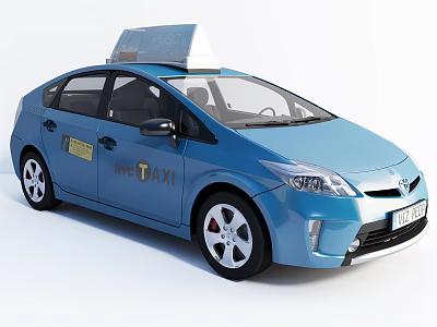 Blue Taxi Car With Roof Light And Yellow Taxi Sign On Body 3d model