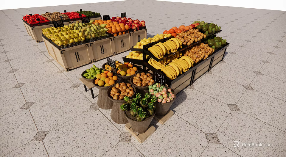 Supermarket Fresh Fruits Vegetables Display With Assorted Produce In Baskets And Crates 3d model 