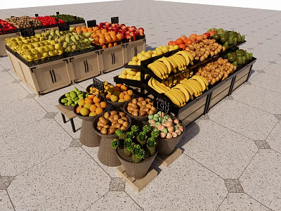 Supermarket Fresh Fruits Vegetables Display With Assorted Produce In Baskets And Crates 3d model