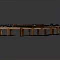 Model Train on Curved Wooden Track with Colorful Carriages and Support Pillars