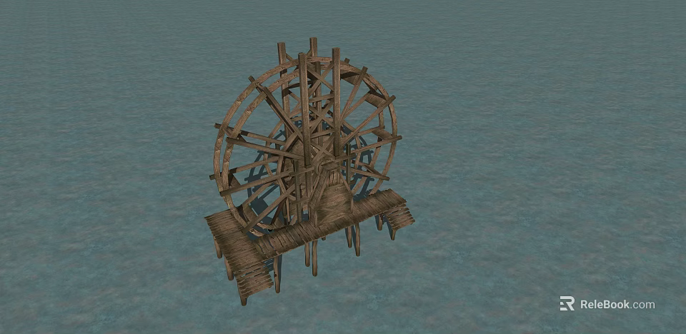 Wooden Water Wheel Structure With Spokes Platform And Support On Water Surface 3d model 