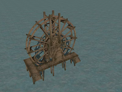 Wooden Water Wheel Structure With Spokes Platform And Support On Water Surface 3d model