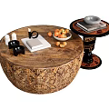 Carved Wooden Round Coffee Table With Oranges Books Cups And Decorative Side Table