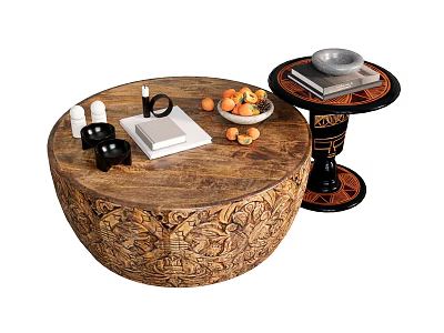 Carved Wooden Round Coffee Table With Oranges Books Cups And Decorative Side Table 3d model