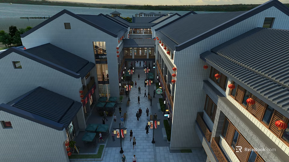 Traditional Chinese Commercial Street With Pedestrians Shops Red Lanterns And Stone Walkway 3d model 