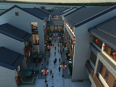 Traditional Chinese Commercial Street With Pedestrians Shops Red Lanterns And Stone Walkway 3d model