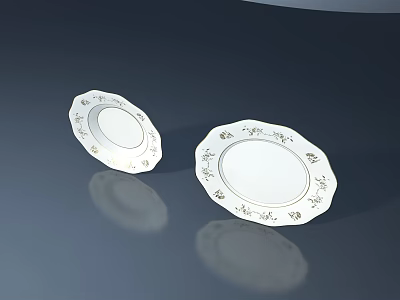 Sleek White Porcelain Plates With Intricate Floral Patterns On Dark Reflective Surface 3d model