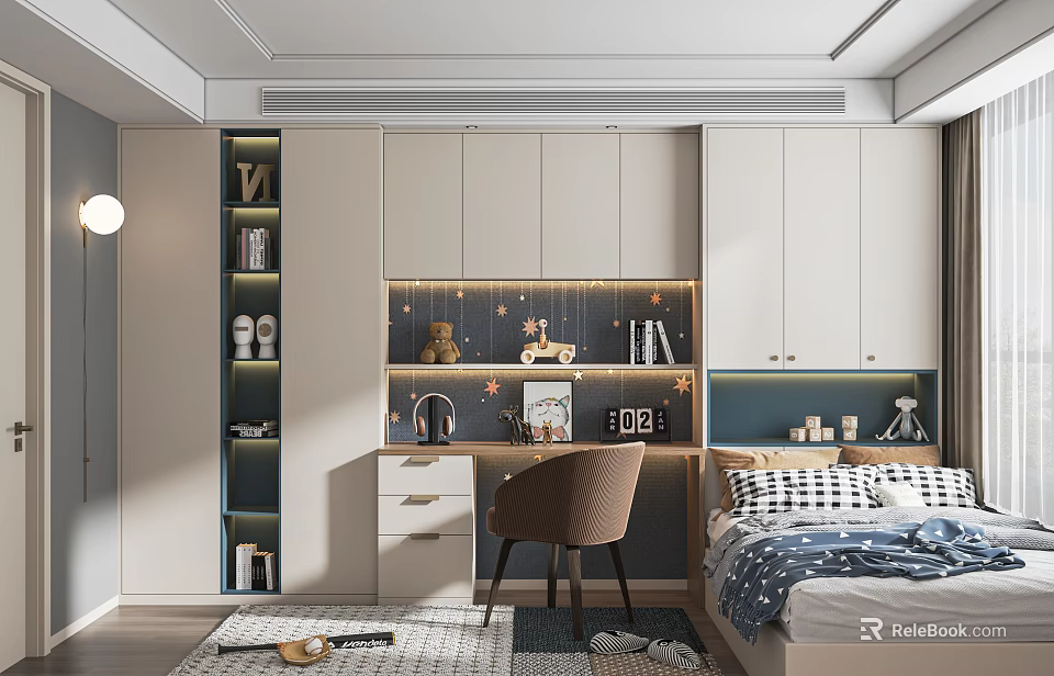 Tatami Bedroom Interior Design With Bed Desk Chair Storage Cabinets And Built In Lighting 3d model 