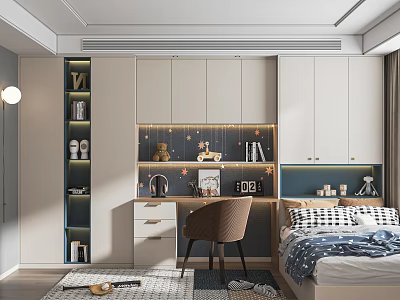 Tatami Bedroom Interior Design With Bed Desk Chair Storage Cabinets And Built In Lighting 3d model