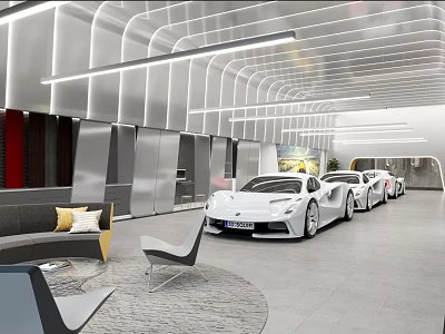 Luxury Car Showroom Showcasing White Ferrari Cars With Modern Interior Sofa Chairs And Ceiling Design 3d model