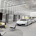 Luxury Car Showroom Showcasing White Ferrari Cars With Modern Interior Sofa Chairs And Ceiling Design
