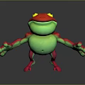 A 3D Red And Green Cartoon Frog With Yellow Eyes Standing Arms Outstretched